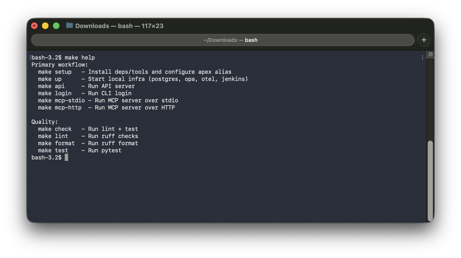 Makefile help output showing all available commands