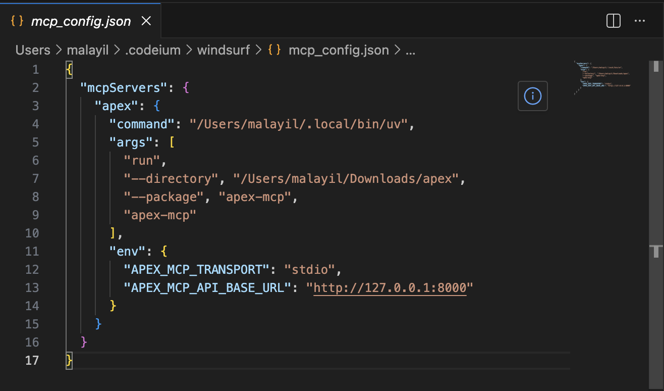 Apex MCP server configured in IDE tool settings