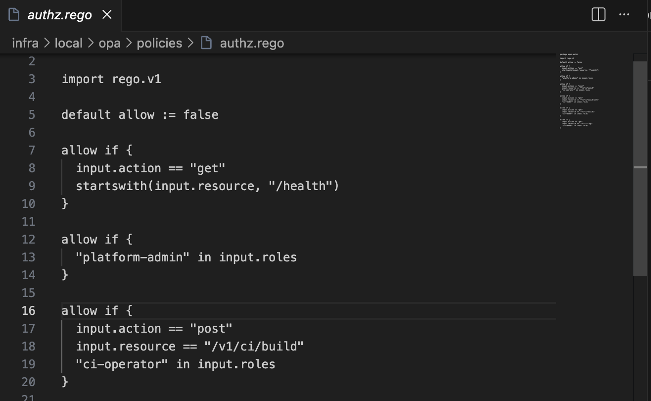 A snippet of the OPA Rego policy file showing an allow/deny rule.